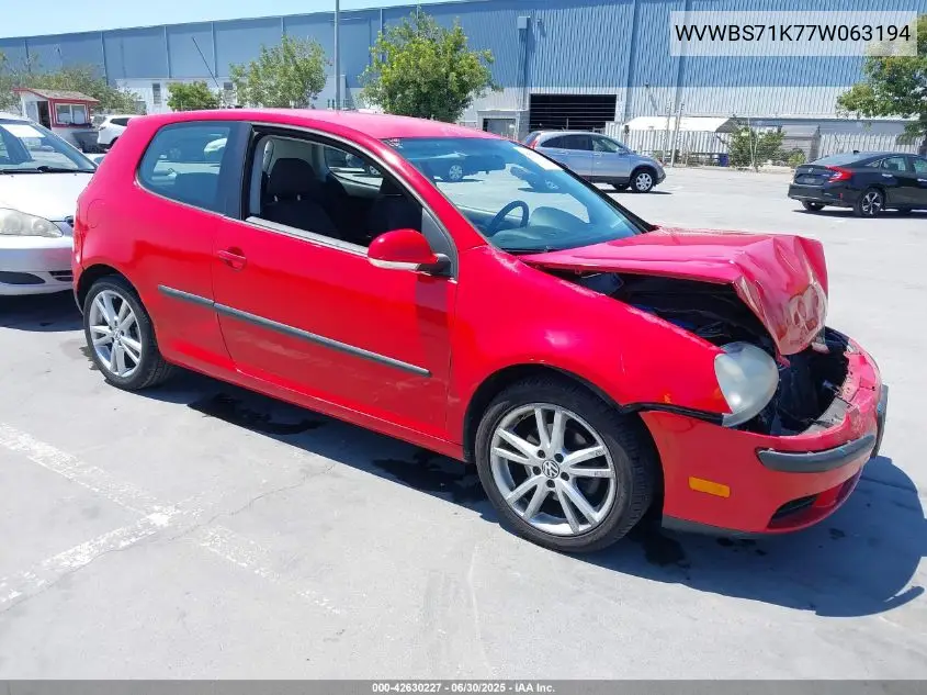 2007 Volkswagen Rabbit 2-Door VIN: WVWBS71K77W063194 Lot: 42630227