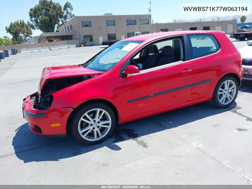2007 Volkswagen Rabbit 2-Door VIN: WVWBS71K77W063194 Lot: 42630227