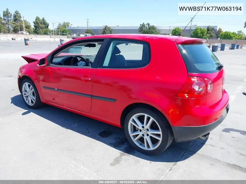 2007 Volkswagen Rabbit 2-Door VIN: WVWBS71K77W063194 Lot: 42630227