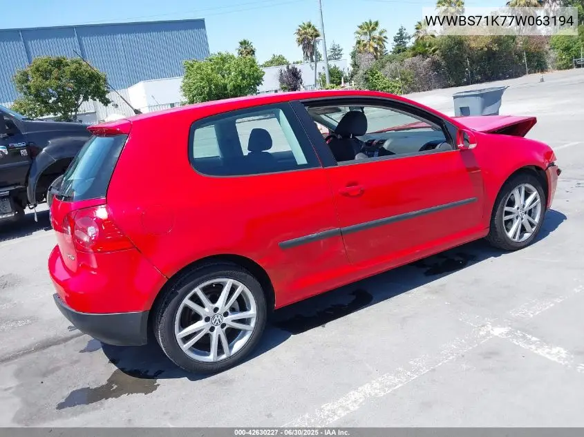 2007 Volkswagen Rabbit 2-Door VIN: WVWBS71K77W063194 Lot: 42630227