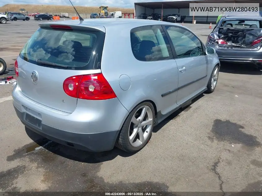 2008 Volkswagen Rabbit S VIN: WVWAB71KX8W280493 Lot: 42243006