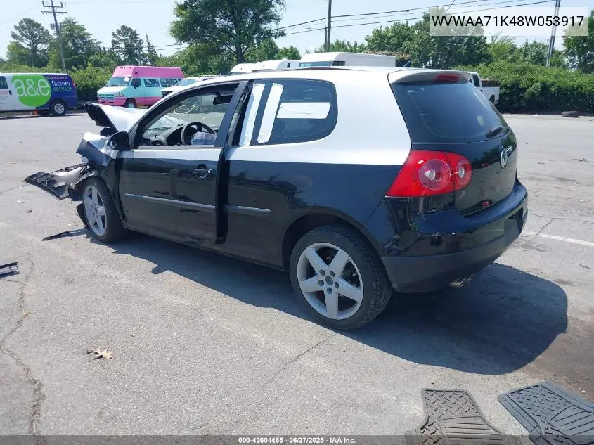 2008 Volkswagen Rabbit S VIN: WVWAA71K48W053917 Lot: 42604465