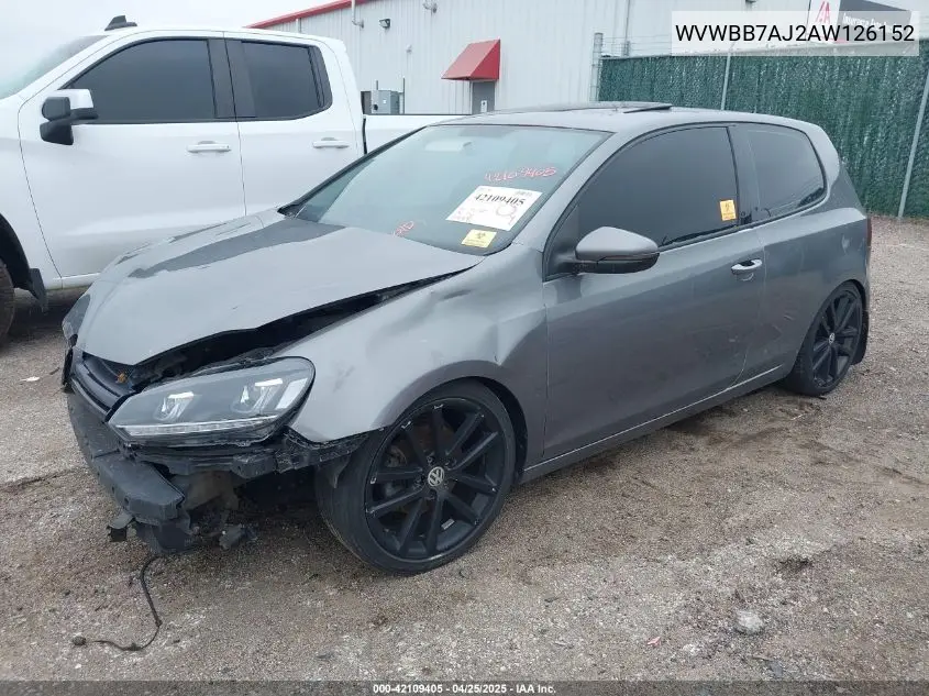 2010 Volkswagen Golf 2-Door VIN: WVWBB7AJ2AW126152 Lot: 42109405