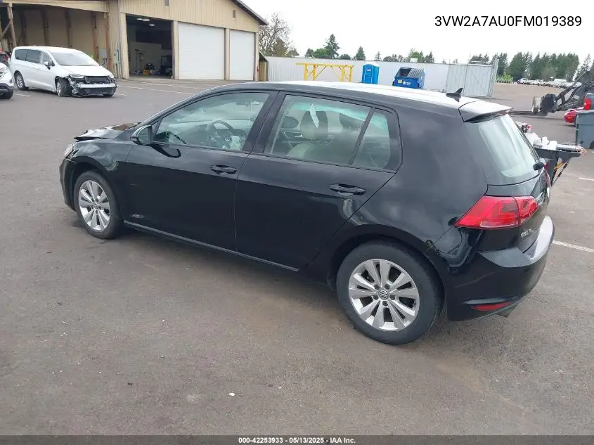 2015 Volkswagen Golf Tdi S 4-Door VIN: 3VW2A7AU0FM019389 Lot: 42253933