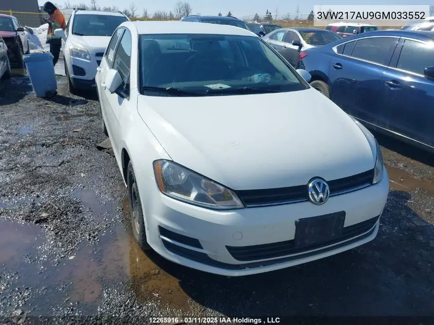 2016 Volkswagen Golf S/Se/Sel VIN: 3VW217AU9GM033552 Lot: 12265916