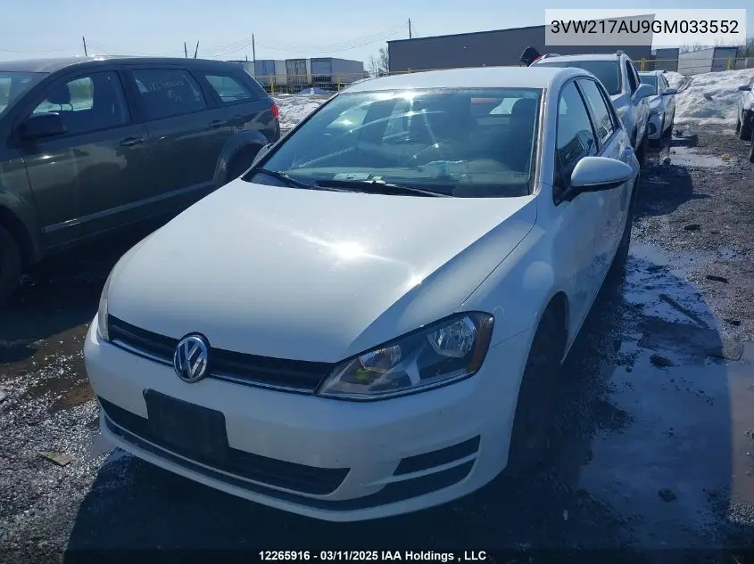 2016 Volkswagen Golf S/Se/Sel VIN: 3VW217AU9GM033552 Lot: 12265916