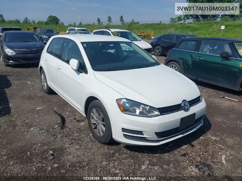 2016 Volkswagen Golf S/Se/Sel VIN: 3VW217AU1GM003347 Lot: 12335355