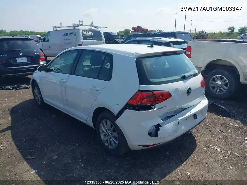 2016 Volkswagen Golf S/Se/Sel VIN: 3VW217AU1GM003347 Lot: 12335355