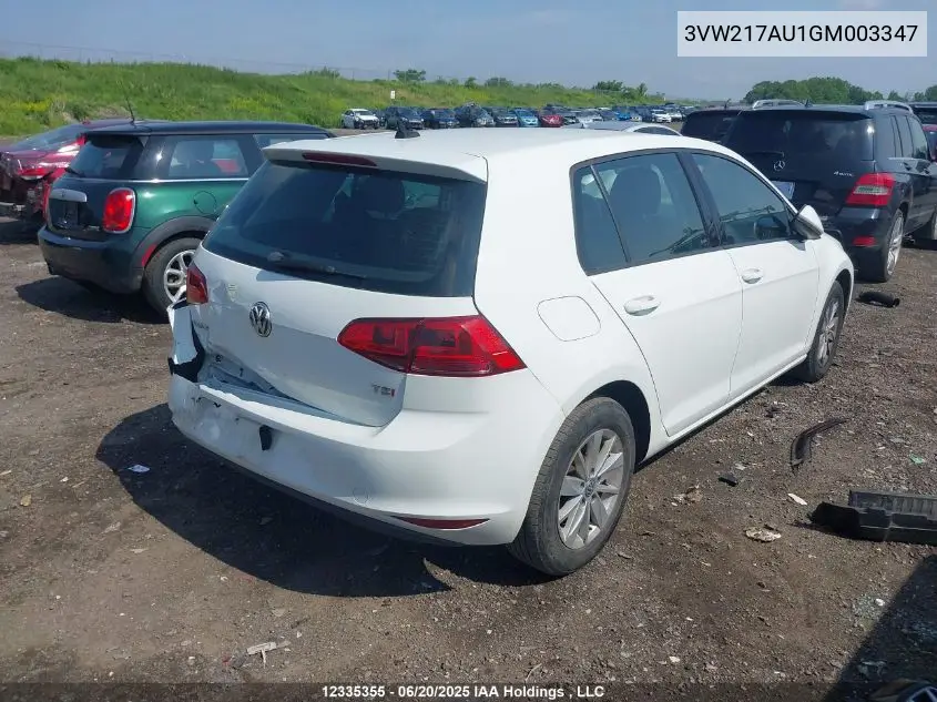 2016 Volkswagen Golf S/Se/Sel VIN: 3VW217AU1GM003347 Lot: 12335355