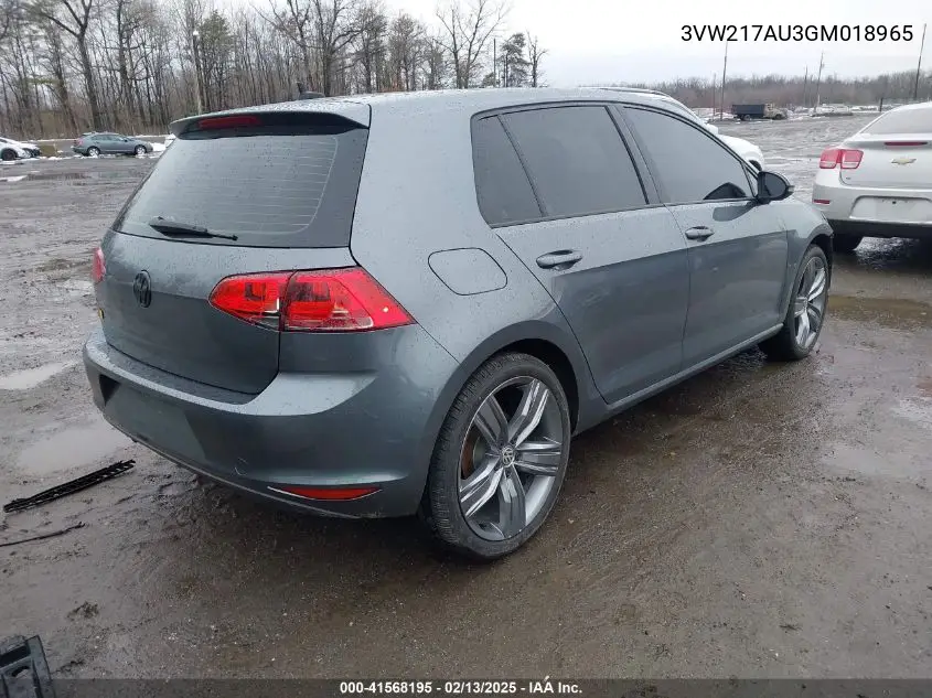 2016 Volkswagen Golf Tsi Se 4-Door VIN: 3VW217AU3GM018965 Lot: 41568195