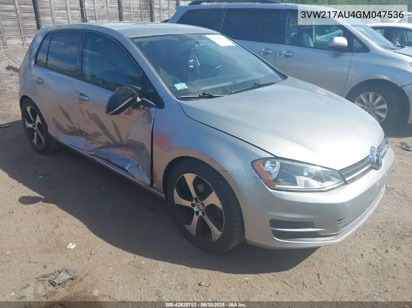 2016 Volkswagen Golf Tsi S 4-Door VIN: 3VW217AU4GM047536 Lot: 42620753