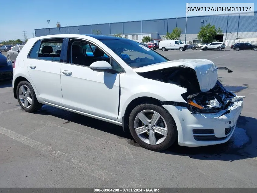2017 Volkswagen Golf Tsi S 4-Door/Tsi Se 4-Door/Tsi Sel 4-Door/Tsi Wolfsburg Edition 4-Door VIN: 3VW217AU3HM051174 Lot: 39984208