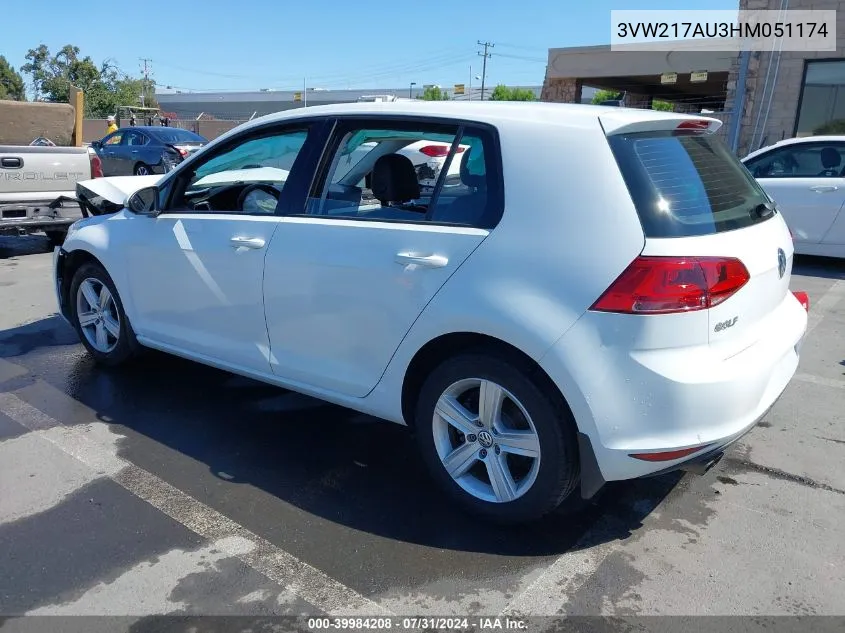 2017 Volkswagen Golf Tsi S 4-Door/Tsi Se 4-Door/Tsi Sel 4-Door/Tsi Wolfsburg Edition 4-Door VIN: 3VW217AU3HM051174 Lot: 39984208