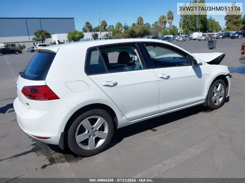 2017 Volkswagen Golf Tsi S 4-Door/Tsi Se 4-Door/Tsi Sel 4-Door/Tsi Wolfsburg Edition 4-Door VIN: 3VW217AU3HM051174 Lot: 39984208