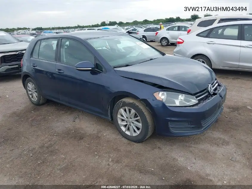 2017 Volkswagen Golf Tsi S 4-Door/Tsi Se 4-Door/Tsi Sel 4-Door/Tsi Wolfsburg Edition 4-Door VIN: 3VW217AU3HM043494 Lot: 42646227