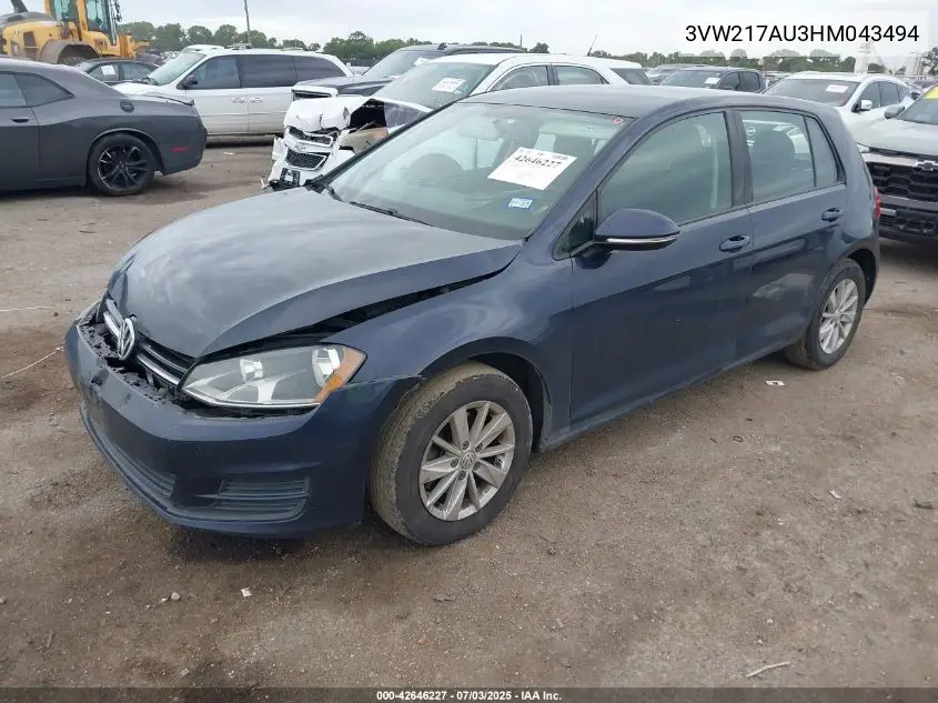 2017 Volkswagen Golf Tsi S 4-Door/Tsi Se 4-Door/Tsi Sel 4-Door/Tsi Wolfsburg Edition 4-Door VIN: 3VW217AU3HM043494 Lot: 42646227