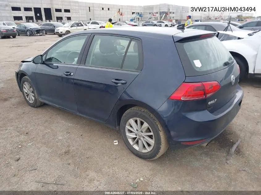 2017 Volkswagen Golf Tsi S 4-Door/Tsi Se 4-Door/Tsi Sel 4-Door/Tsi Wolfsburg Edition 4-Door VIN: 3VW217AU3HM043494 Lot: 42646227