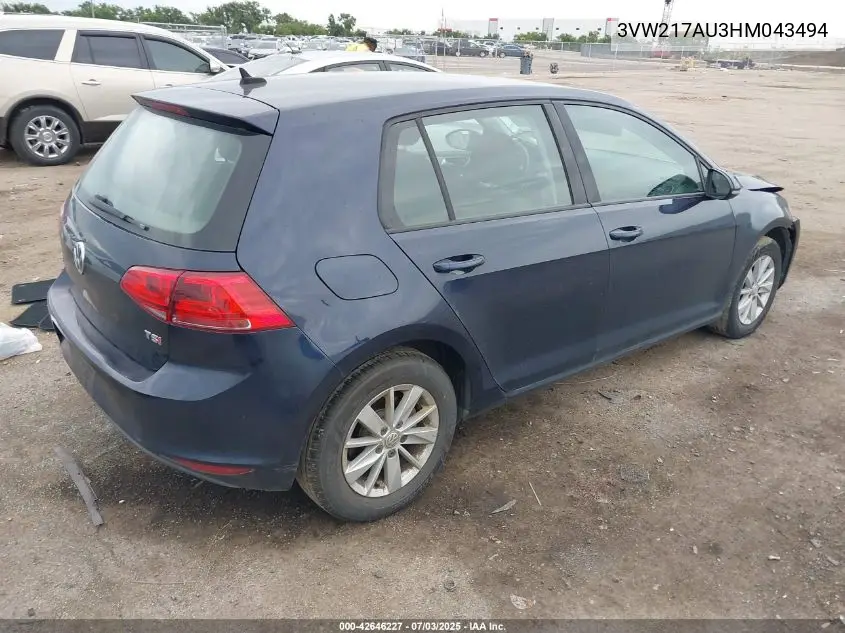 2017 Volkswagen Golf Tsi S 4-Door/Tsi Se 4-Door/Tsi Sel 4-Door/Tsi Wolfsburg Edition 4-Door VIN: 3VW217AU3HM043494 Lot: 42646227