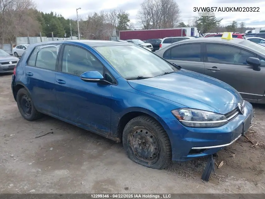 2019 Volkswagen Golf S/Se VIN: 3VWG57AU0KM020322 Lot: 12299346
