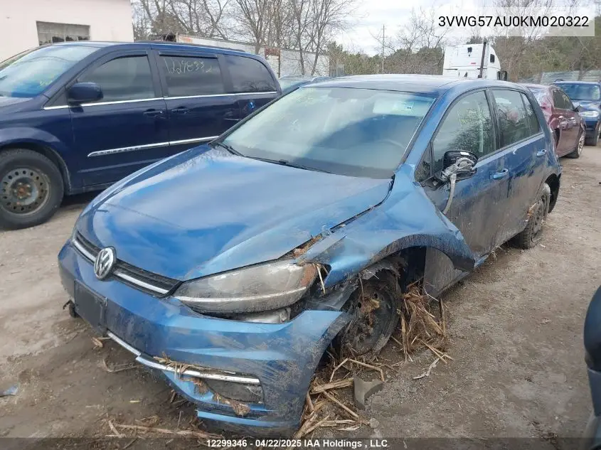 2019 Volkswagen Golf S/Se VIN: 3VWG57AU0KM020322 Lot: 12299346
