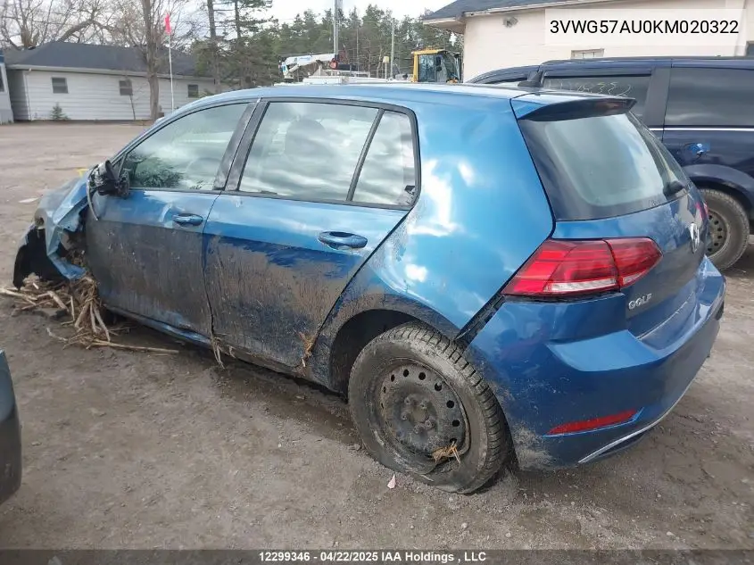 2019 Volkswagen Golf S/Se VIN: 3VWG57AU0KM020322 Lot: 12299346