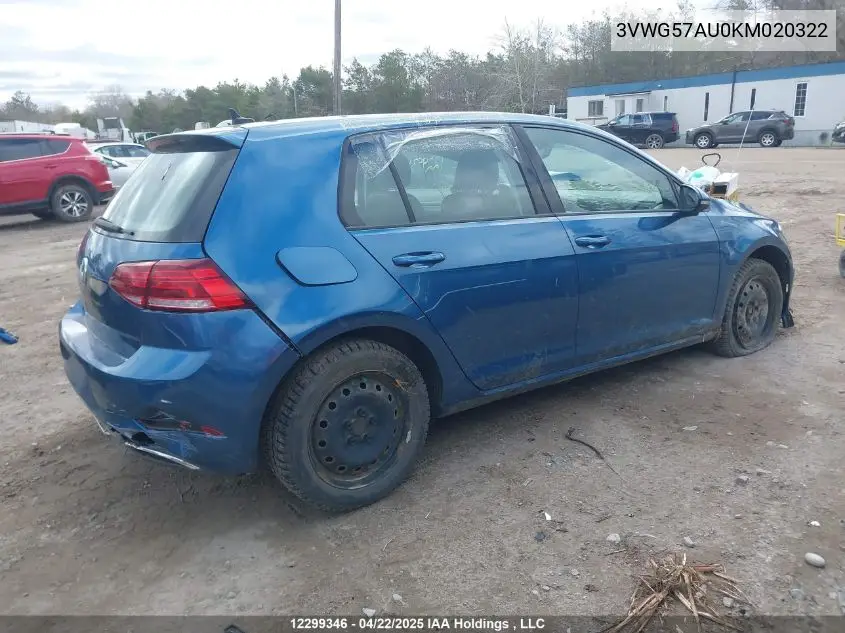 2019 Volkswagen Golf S/Se VIN: 3VWG57AU0KM020322 Lot: 12299346