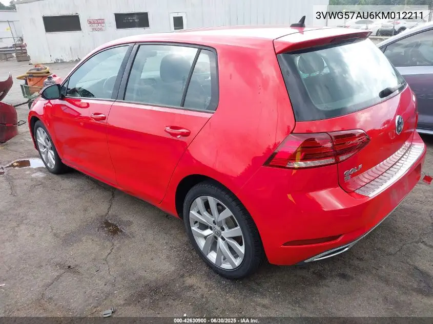 2019 Volkswagen Golf 1.4T S/1.4T Se VIN: 3VWG57AU6KM012211 Lot: 42630900