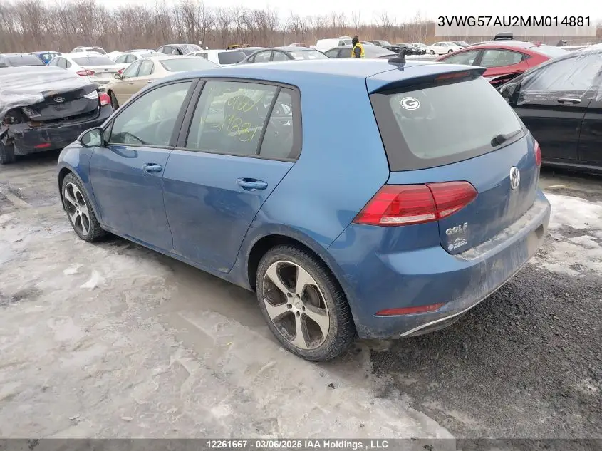 2021 Volkswagen Golf VIN: 3VWG57AU2MM014881 Lot: 12261667
