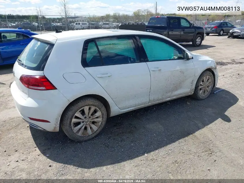 2021 Volkswagen Golf 1.4T Tsi VIN: 3VWG57AU4MM008113 Lot: 42053444