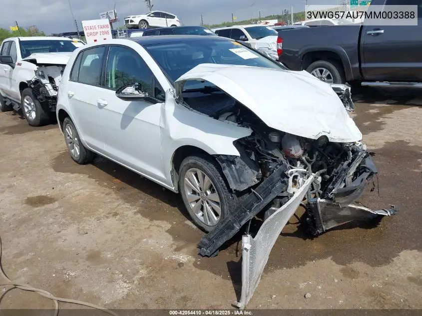 2021 Volkswagen Golf 1.4T Tsi VIN: 3VWG57AU7MM003388 Lot: 42054410