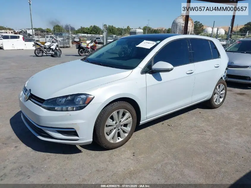 2021 Volkswagen Golf 1.4T Tsi VIN: 3VWG57AU4MM000657 Lot: 42598375