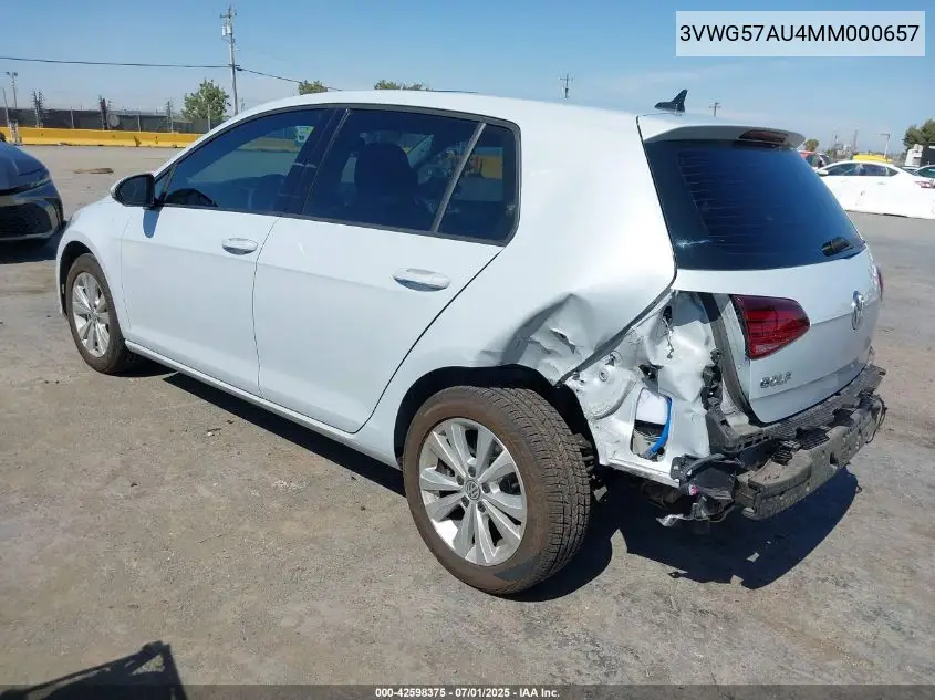 2021 Volkswagen Golf 1.4T Tsi VIN: 3VWG57AU4MM000657 Lot: 42598375