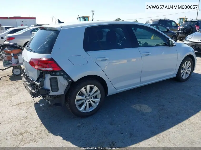 2021 Volkswagen Golf 1.4T Tsi VIN: 3VWG57AU4MM000657 Lot: 42598375