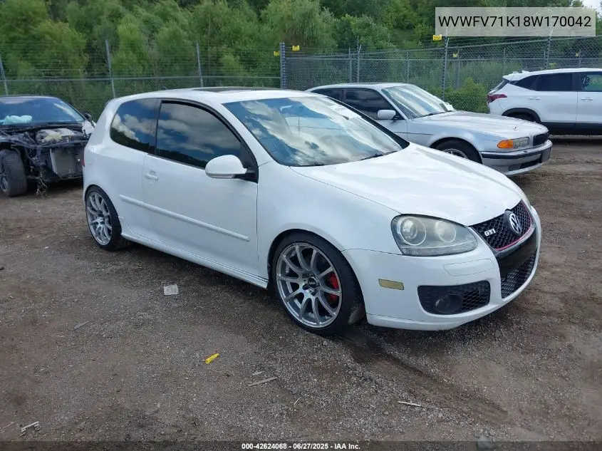 2008 Volkswagen Gti 2-Door VIN: WVWFV71K18W170042 Lot: 42624068