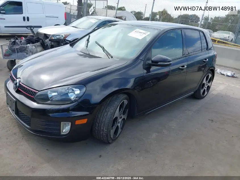 2011 Volkswagen Gti 4-Door VIN: WVWHD7AJ0BW148981 Lot: 42248799