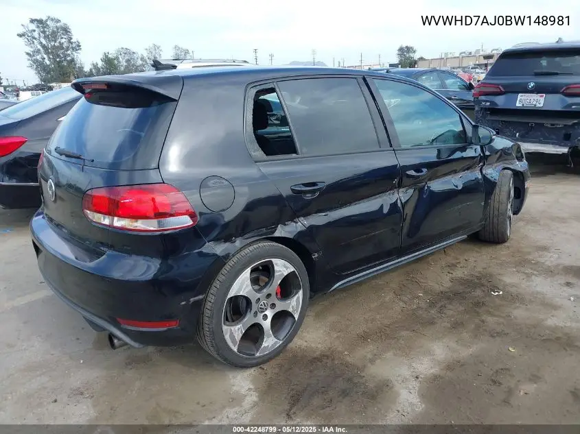 2011 Volkswagen Gti 4-Door VIN: WVWHD7AJ0BW148981 Lot: 42248799