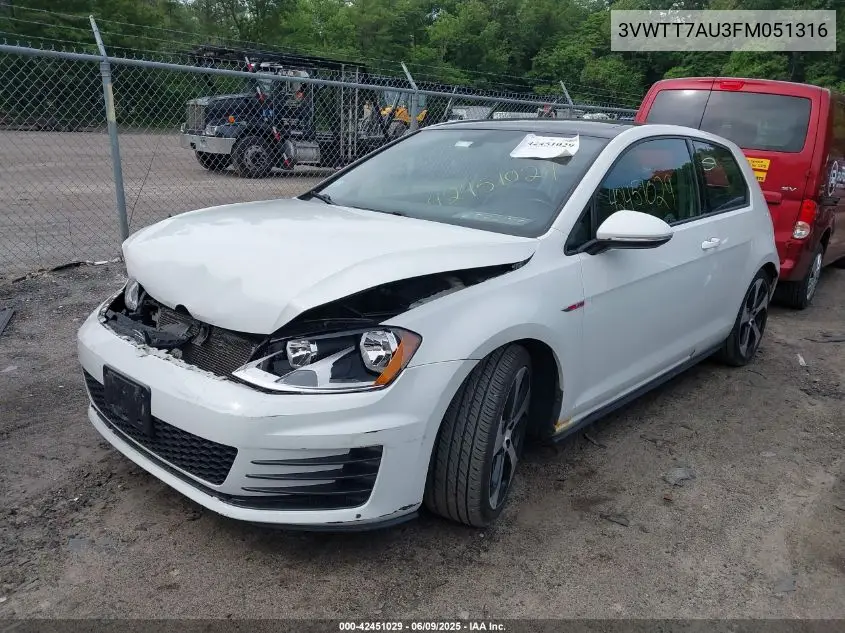 2015 Volkswagen Golf Gti 2.0T Se 2-Door VIN: 3VWTT7AU3FM051316 Lot: 42451029