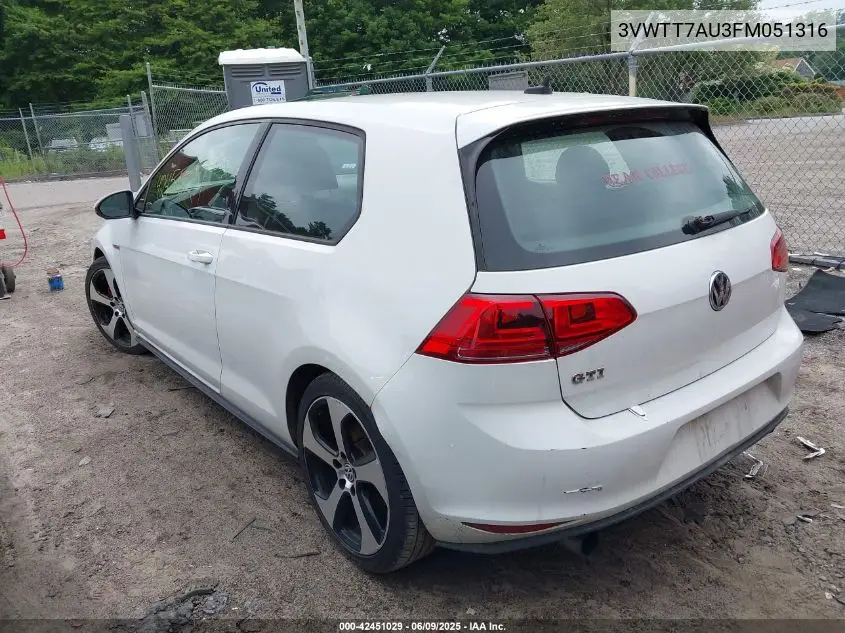 2015 Volkswagen Golf Gti 2.0T Se 2-Door VIN: 3VWTT7AU3FM051316 Lot: 42451029