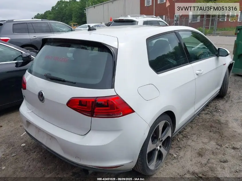 2015 Volkswagen Golf Gti 2.0T Se 2-Door VIN: 3VWTT7AU3FM051316 Lot: 42451029