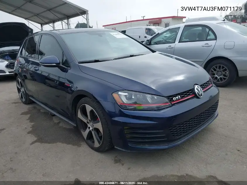 2015 Volkswagen Golf Gti 2.0T Autobahn 4-Door VIN: 3VW4T7AU3FM071179 Lot: 42486671