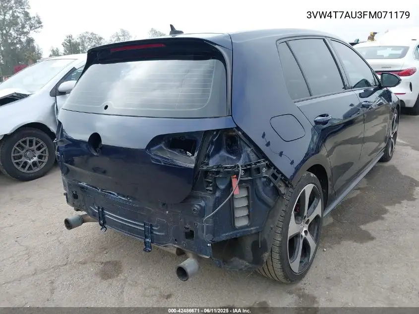2015 Volkswagen Golf Gti 2.0T Autobahn 4-Door VIN: 3VW4T7AU3FM071179 Lot: 42486671