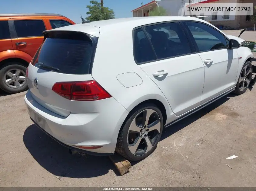 2015 Volkswagen Golf Gti 2.0T S 4-Door VIN: 3VW4T7AU6FM042792 Lot: 42532514