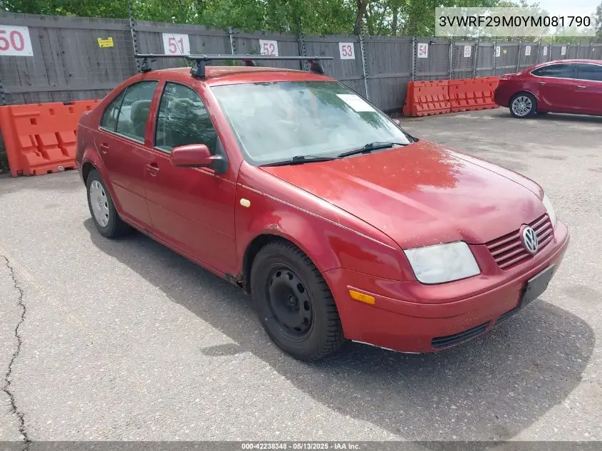 2000 Volkswagen Jetta Gl Tdi VIN: 3VWRF29M0YM081790 Lot: 42238348
