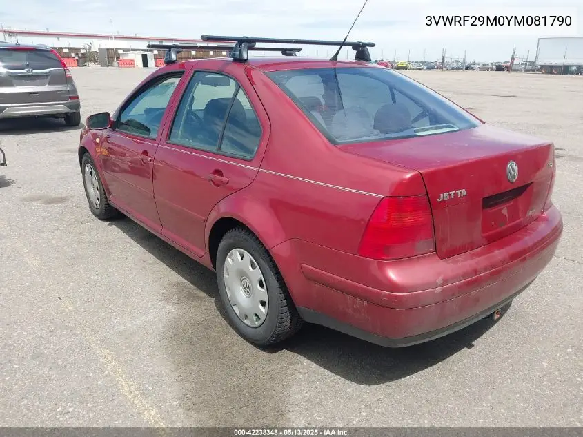 2000 Volkswagen Jetta Gl Tdi VIN: 3VWRF29M0YM081790 Lot: 42238348