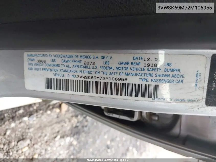 2002 Volkswagen Jetta Gls VIN: 3VWSK69M72M106955 Lot: 42466281