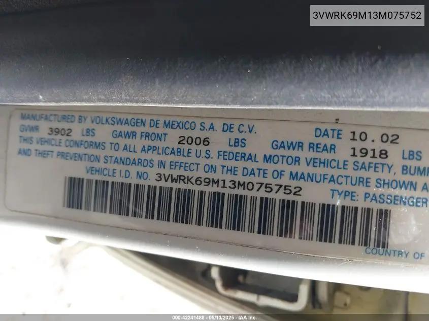2003 Volkswagen Jetta Gl VIN: 3VWRK69M13M075752 Lot: 42241488