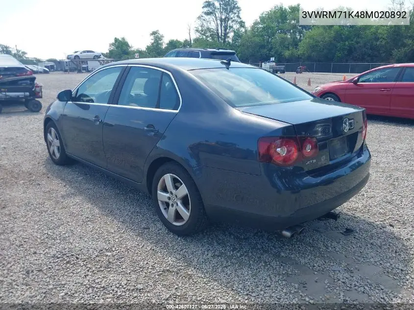 2008 Volkswagen Jetta Se/Sel VIN: 3VWRM71K48M020892 Lot: 42607127