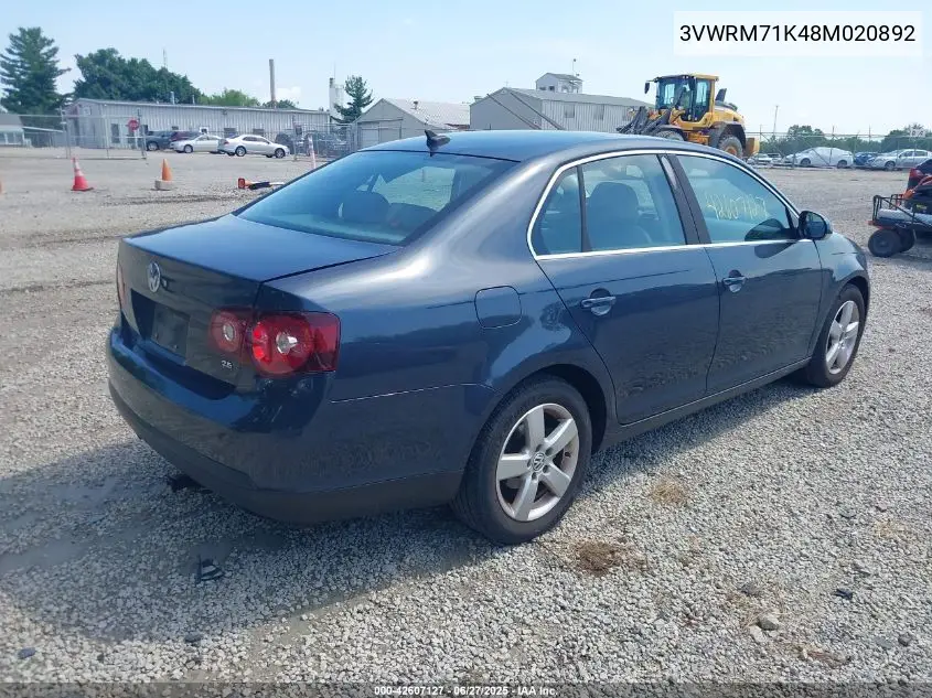 2008 Volkswagen Jetta Se/Sel VIN: 3VWRM71K48M020892 Lot: 42607127