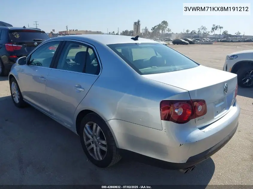 2008 Volkswagen Jetta Se/Sel VIN: 3VWRM71KX8M191212 Lot: 42660632