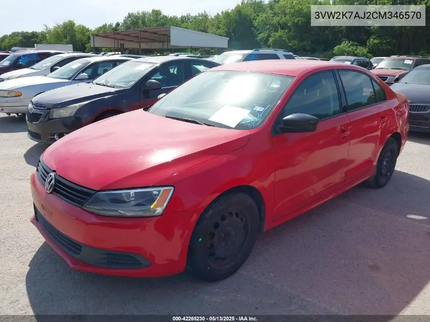 2012 Volkswagen Jetta 2.0L S VIN: 3VW2K7AJ2CM346570 Lot: 42265230